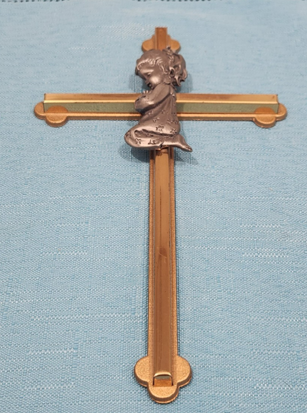 Vintage Camco Hanging Cross Brass/Pewter Praying Girl in Dress W/ Stars